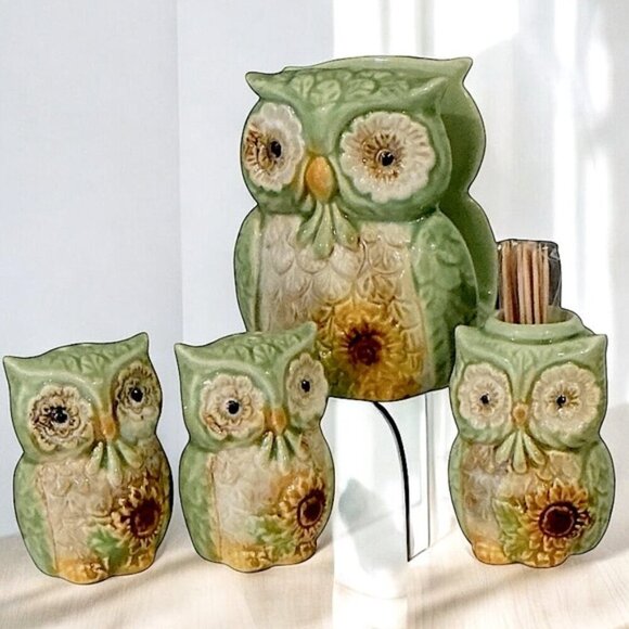 Owl Ceramic Kitchen Set Functional Hand Painted Art Green Yellow Sunflower 4 PC - Picture 1 of 15